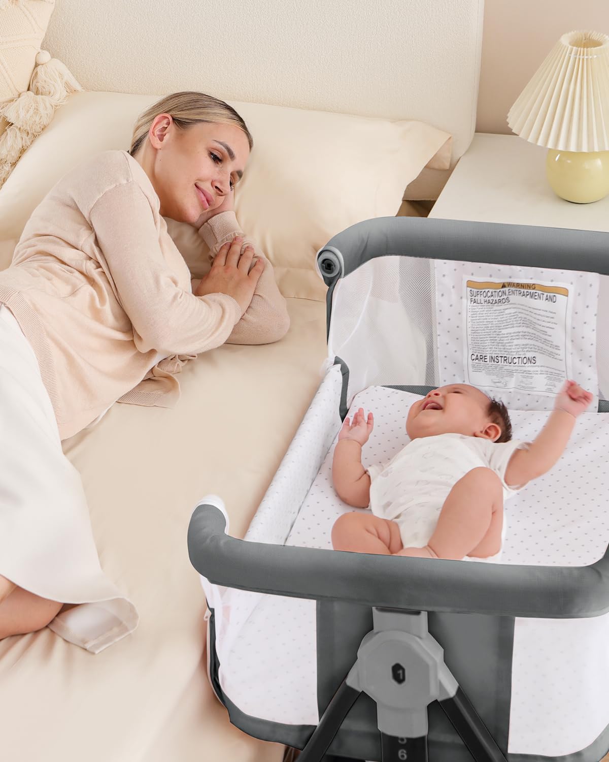 Bassinet Bedside Sleeper with Wheels, Breathable Mesh Bedside Bassinet for Baby, Mosquito Net, Storage Basket