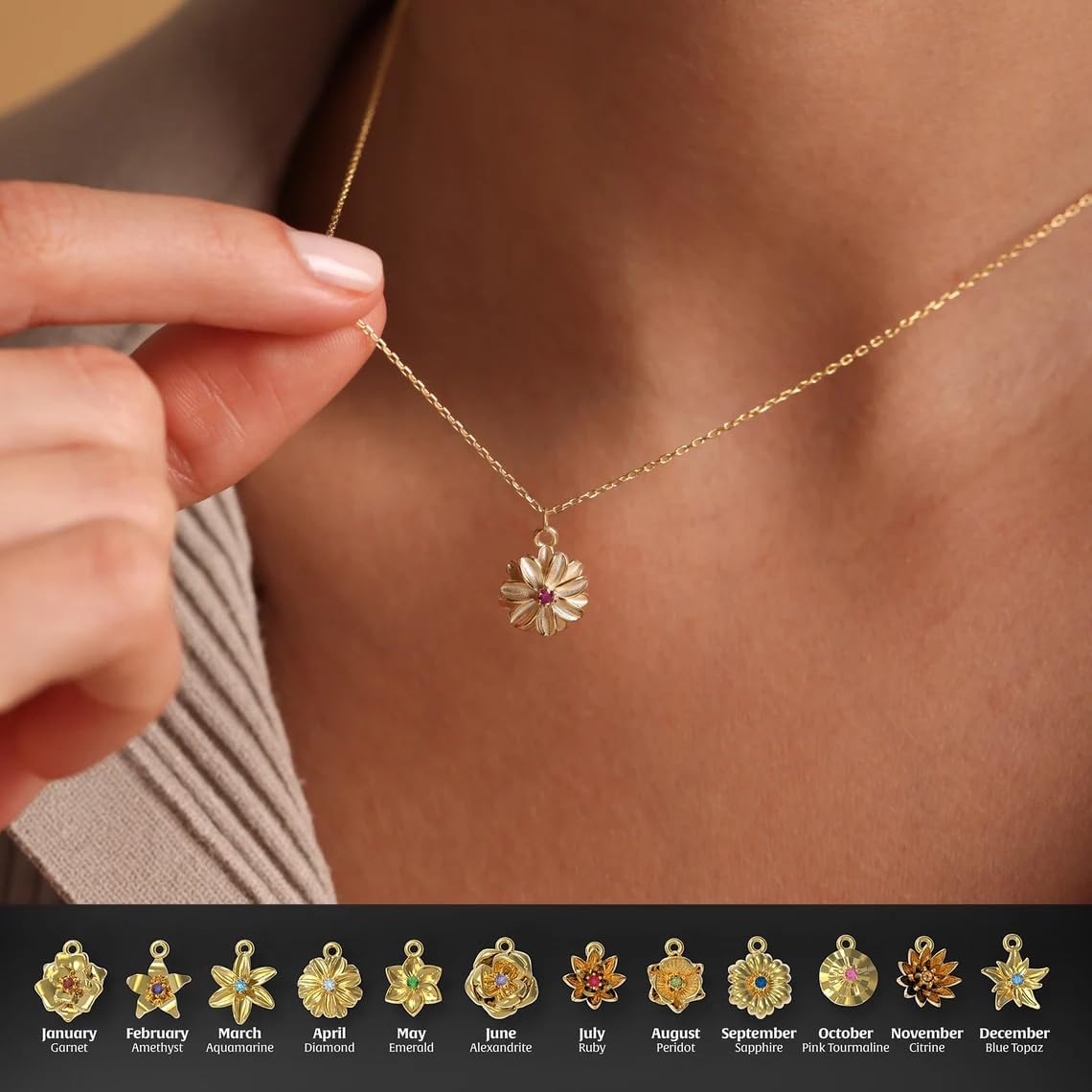 Dainty Birth Flower Necklace with Emerald Birthstone, 14K Gold Plated Cubic Zirconia Pendant, Birthday Gift for Women