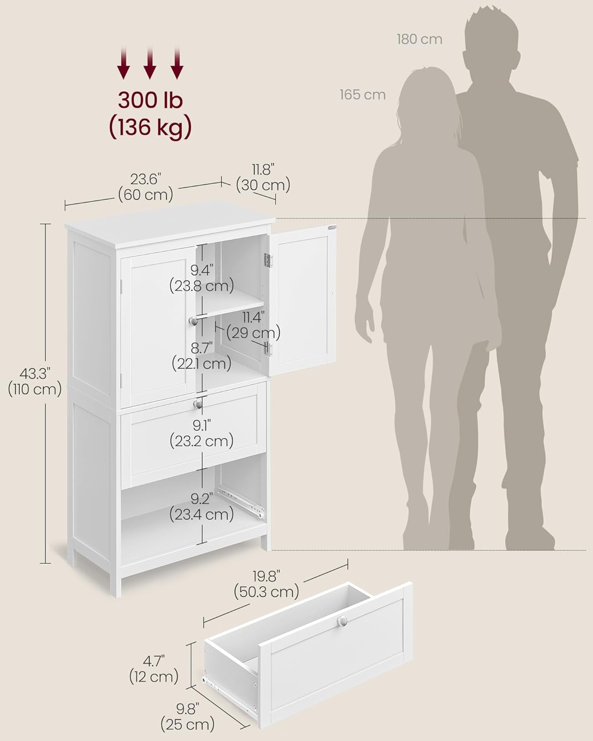 Floor Storage Cabinet, Freestanding Storage Unit with 2 Drawers and 2 Doors, Adjustable Shelf