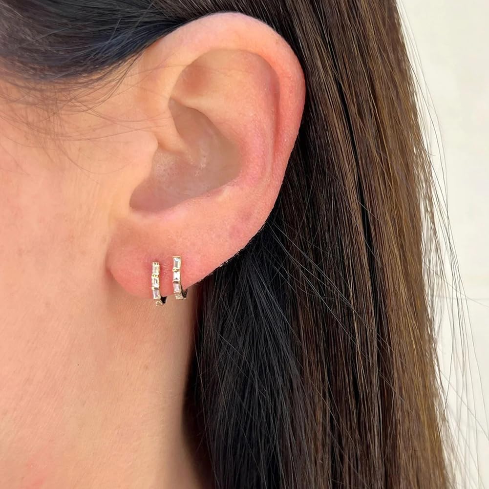 14K Gold Plated Triple Huggie Illusion Stud Earrings | Double Huggie Hoop Earrings for One Hole | Gold Hoop Earrings for Women