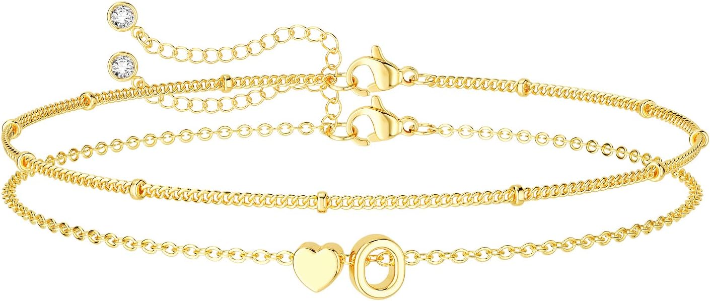 Dainty Initial Heart Gold Bracelets for Women Trendy, 14K Real Gold Letter Charm Bracelet Jewelry