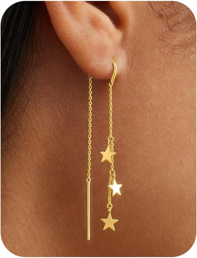 Dangle Threader Earrings for Women: Dainty 14k Gold Plated Drop Long Chain Earrings Trendy  Non Tarnish Elegant Cubic
