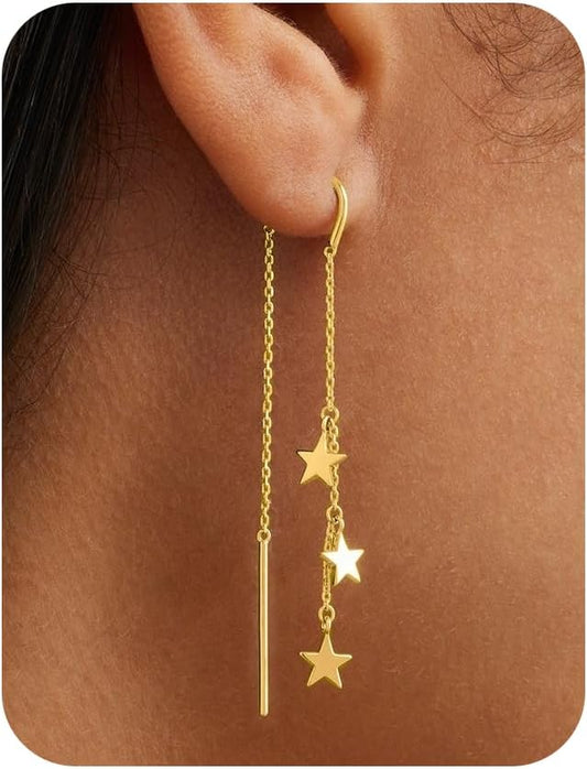 Dangle Threader Earrings for Women: Dainty 14k Gold Plated Drop Long Chain Earrings Trendy  Non Tarnish Elegant Cubic