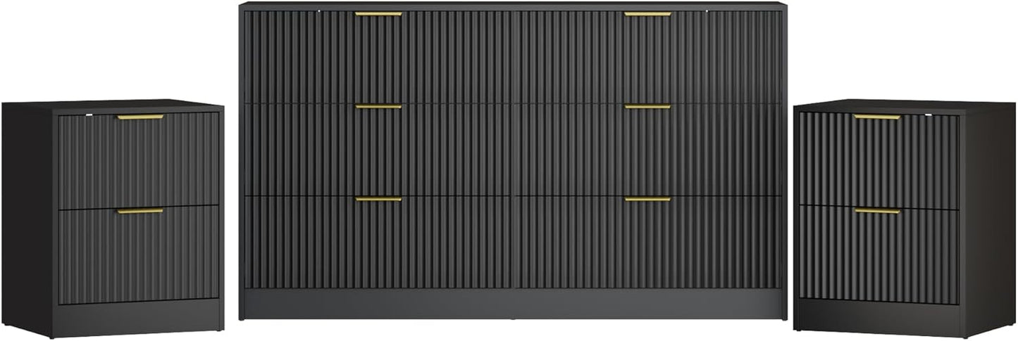 3-Piece Modern Bedroom Furniture SetWide 6-Drawer Dresser & 2-Drawer Nightstands Setof 2, Natural Wood Dresser and Nightstand Sets forBedroom, Hallway, Black