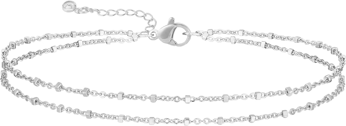 Gold/Silver Ankle Bracelets for Women,  Cuban Link Heart Beads Anklets Set Layered Anklet
