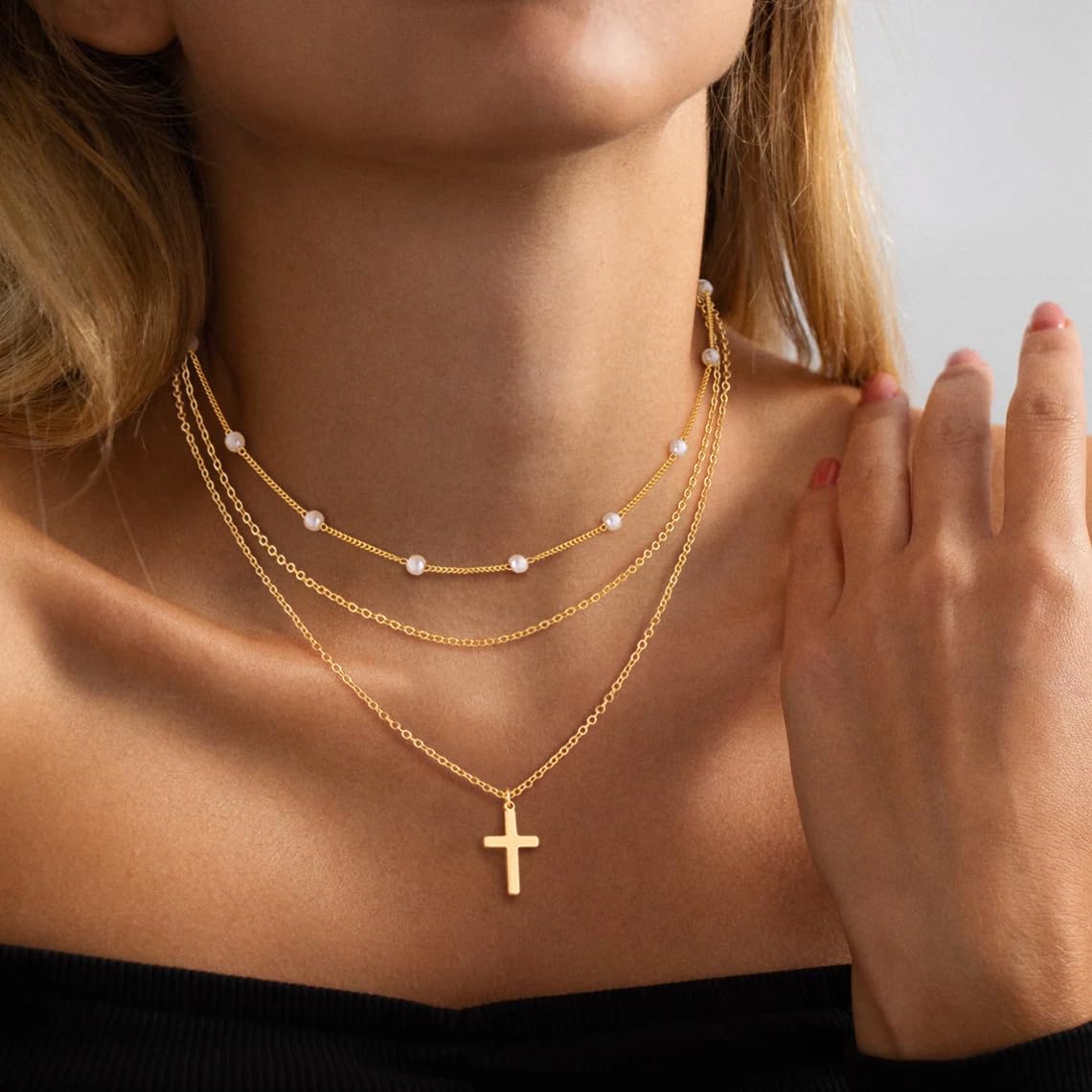 14K Gold Plated Layered Necklace Set, Dainty Pearl Cross & Multi-Chain Design (Cuban/Figaro/Herringbone), Trendy Women’s Jewelry Gift