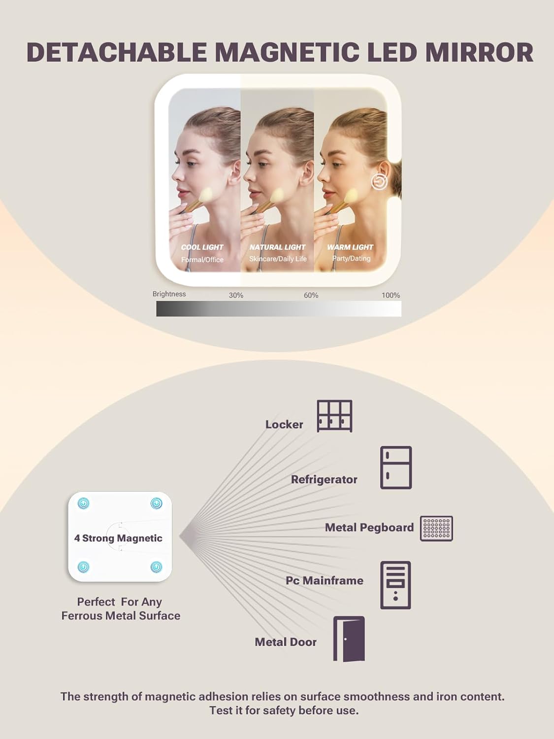 Makeup Box with A Detachable Lighted Mirror, Makeup Suitcase with Adjustable Dividers, Magnetic LED Mirror