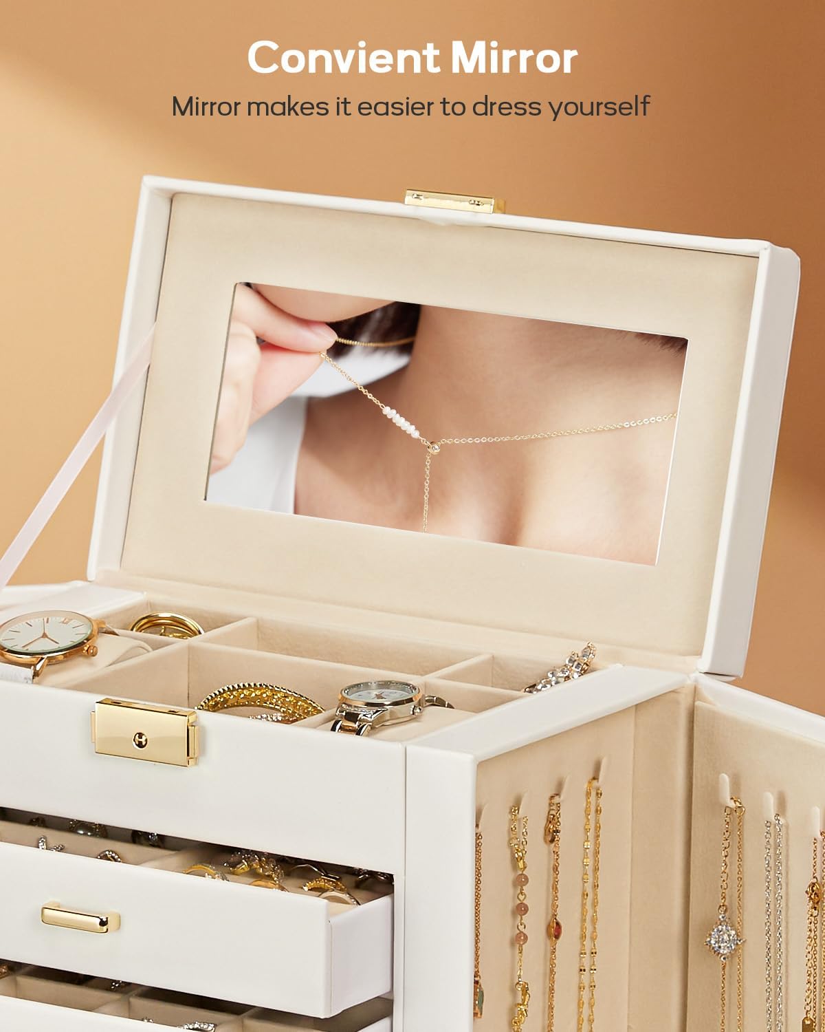 Synthetic Leather Huge Jewelry Box Mirrored Watch Organizer Necklace Ring Earring Storage Lockable