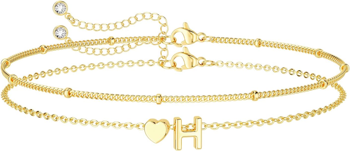 Dainty Initial Heart Gold Bracelets for Women Trendy, 14K Real Gold Letter Charm Bracelet Jewelry