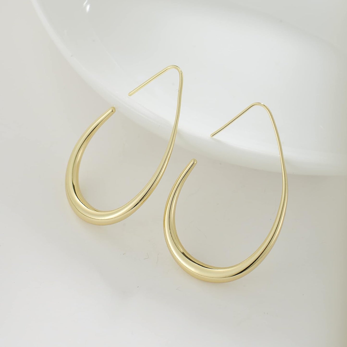 Lightweight Teardrop Hoop Earrings for Women - 14k Gold/White Gold Plated Large Oval Pull Through Hoop Earrings High