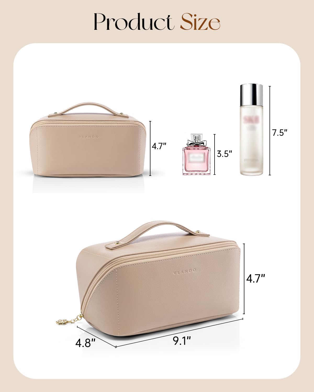 Makeup Bag,Large Capacity Travel Toiletry Bag,Cosmetic Bags for Women PU Leather Waterproof Portable Pouch with Divider & Handle-Toffee