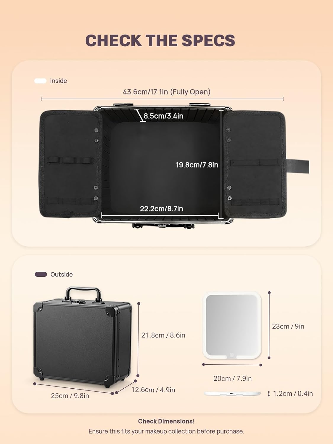 Makeup Box with A Detachable Lighted Mirror, Makeup Suitcase with Adjustable Dividers, Magnetic LED Mirror