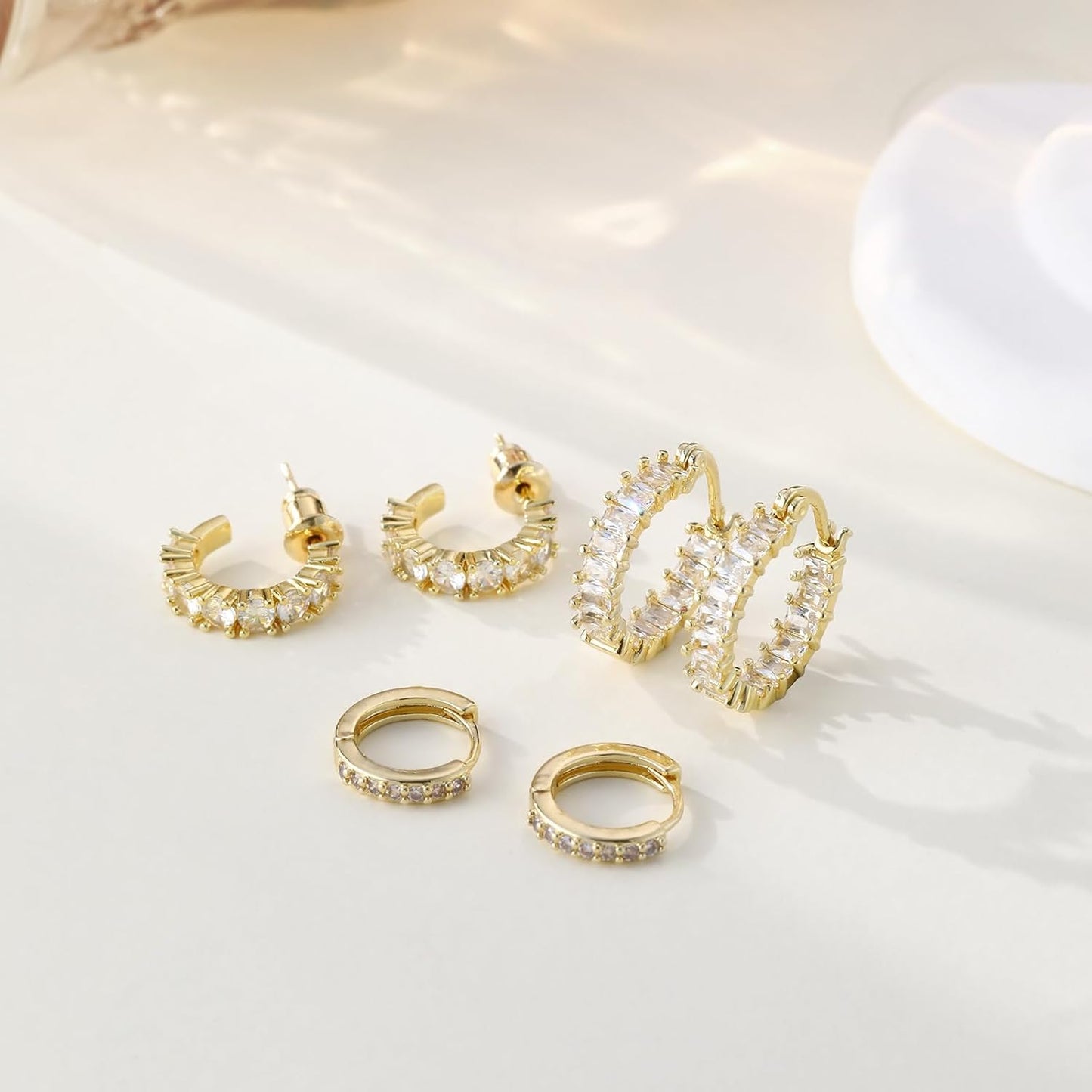 Gold Hoop Earrings Set for Women Trendy, 14K Gold Plated Chunky Hypoallergenic Small Diamond Cartilage Hoops Cute Cubic