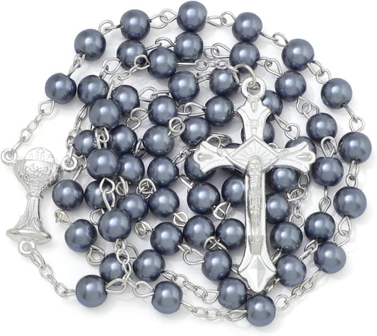 6mm Pearl Rosary Beads With Crucifix - Women's Catholic Prayer Necklace, Gift Box & Pouch Included
