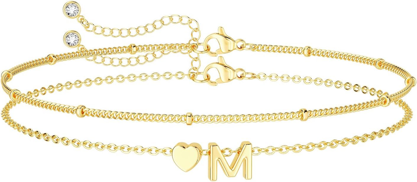 Dainty Initial Heart Gold Bracelets for Women Trendy, 14K Real Gold Letter Charm Bracelet Jewelry
