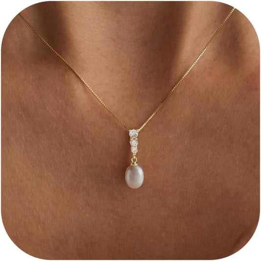 14K Gold Plated Bridal Necklace: Dainty Pearl & CZ Pendant, Classic Wedding Gift for Women