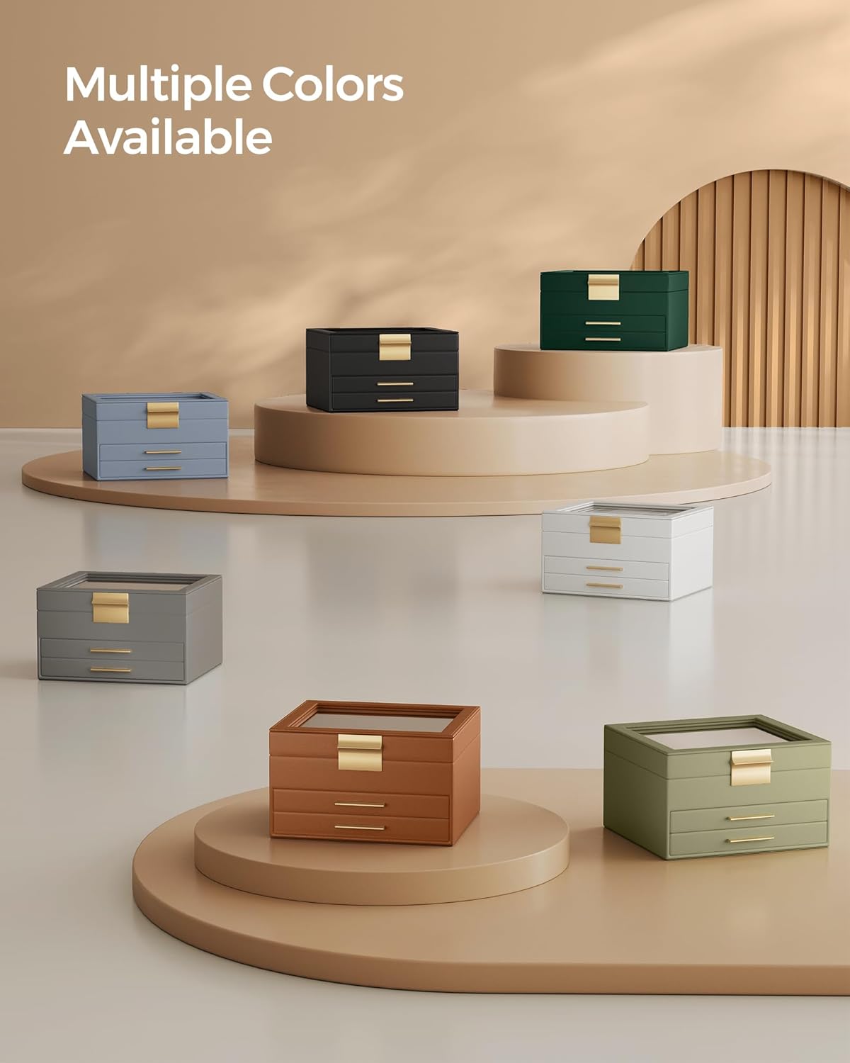 Jewelry Box Organizer with Glass Lid, 3-Layer Jewelry Storage, with 2 Drawers, Modern Style, Forest Green and Gold Color