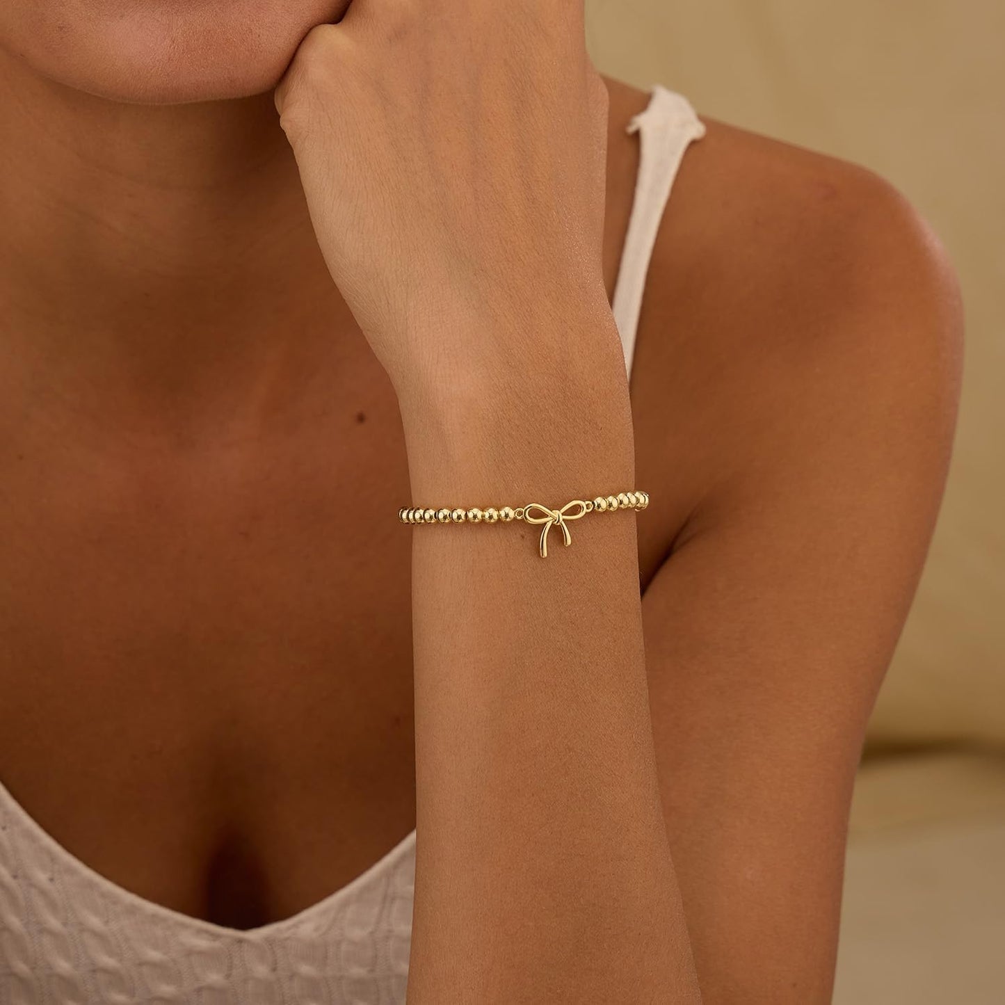 Gold Bracelets for Women 14K Gold Plated Beaded Bracelets Gold Stretch Bead Bracelet Handmade Ball Charm Bracelet