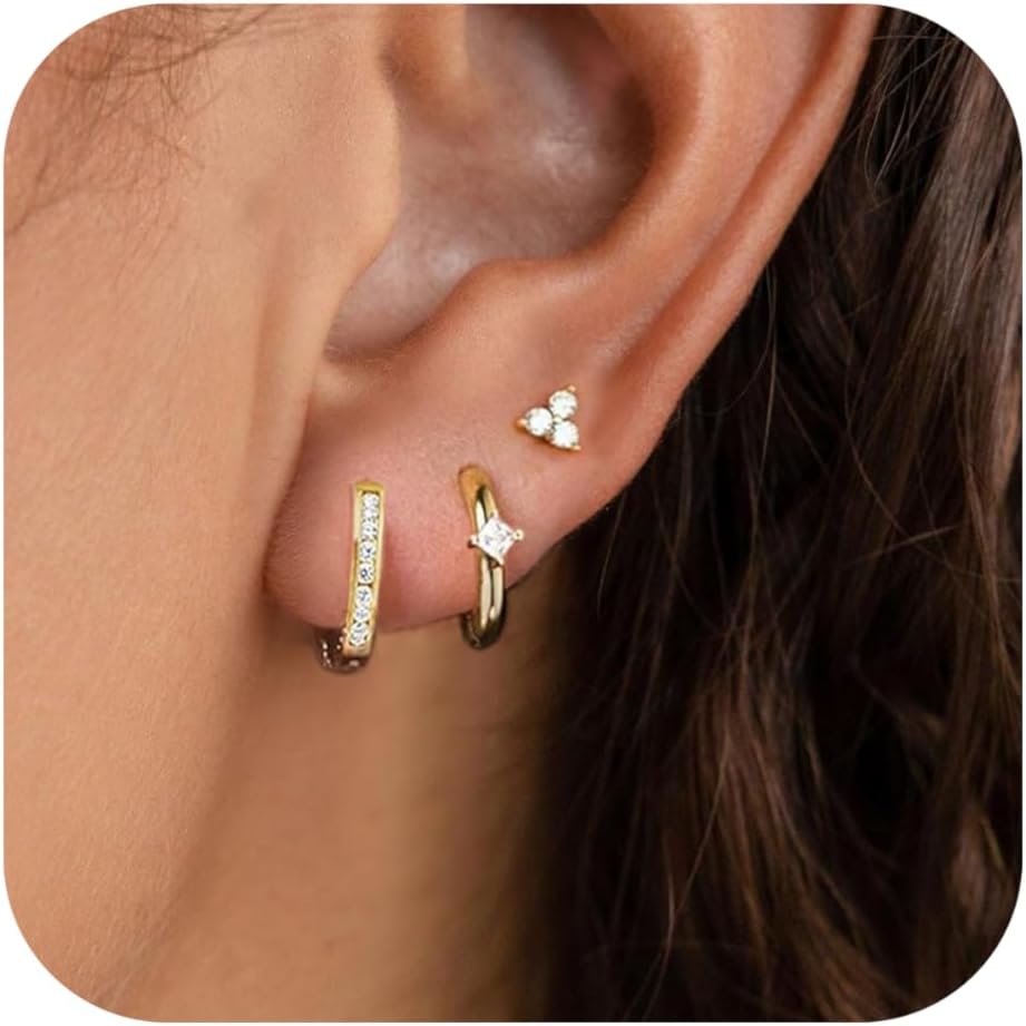 Gold Earrings for Women, 14k Gold Plated Dangle Huggie Earrings for Women Trendy Dainty Gold Hoop Earring Stacks