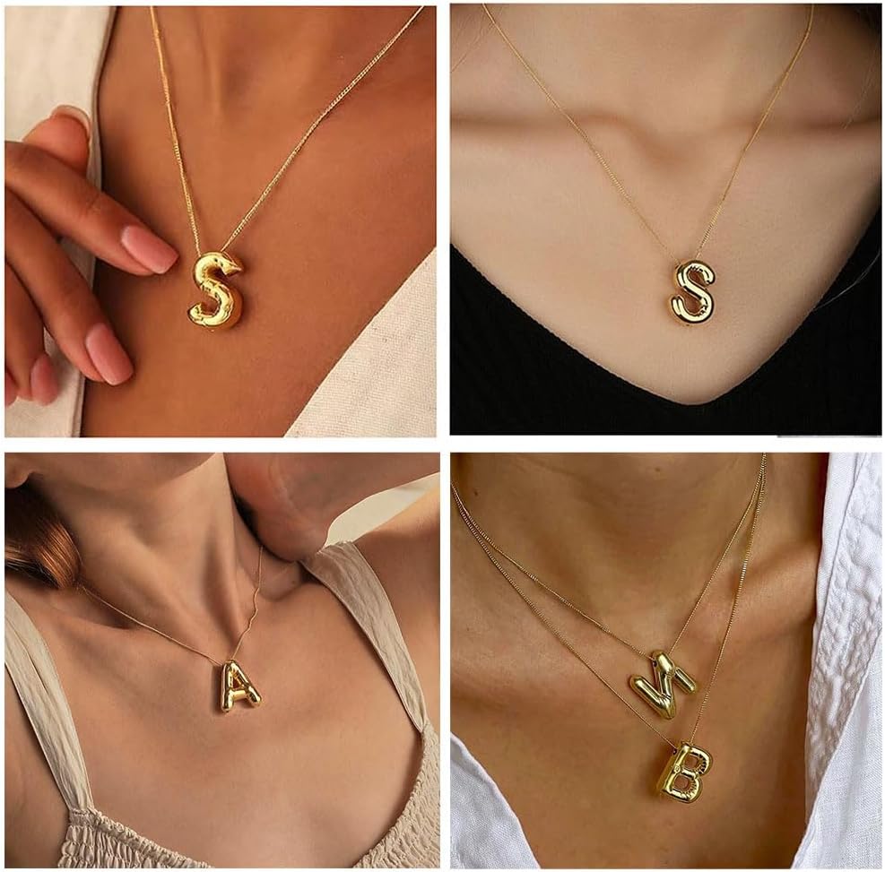 14K Gold Plated Initial Necklace for Women & Teens, Trendy Bubble Letter Pendant, Dainty Gold Jewelry Gift for Her, Birthday Present for Sister