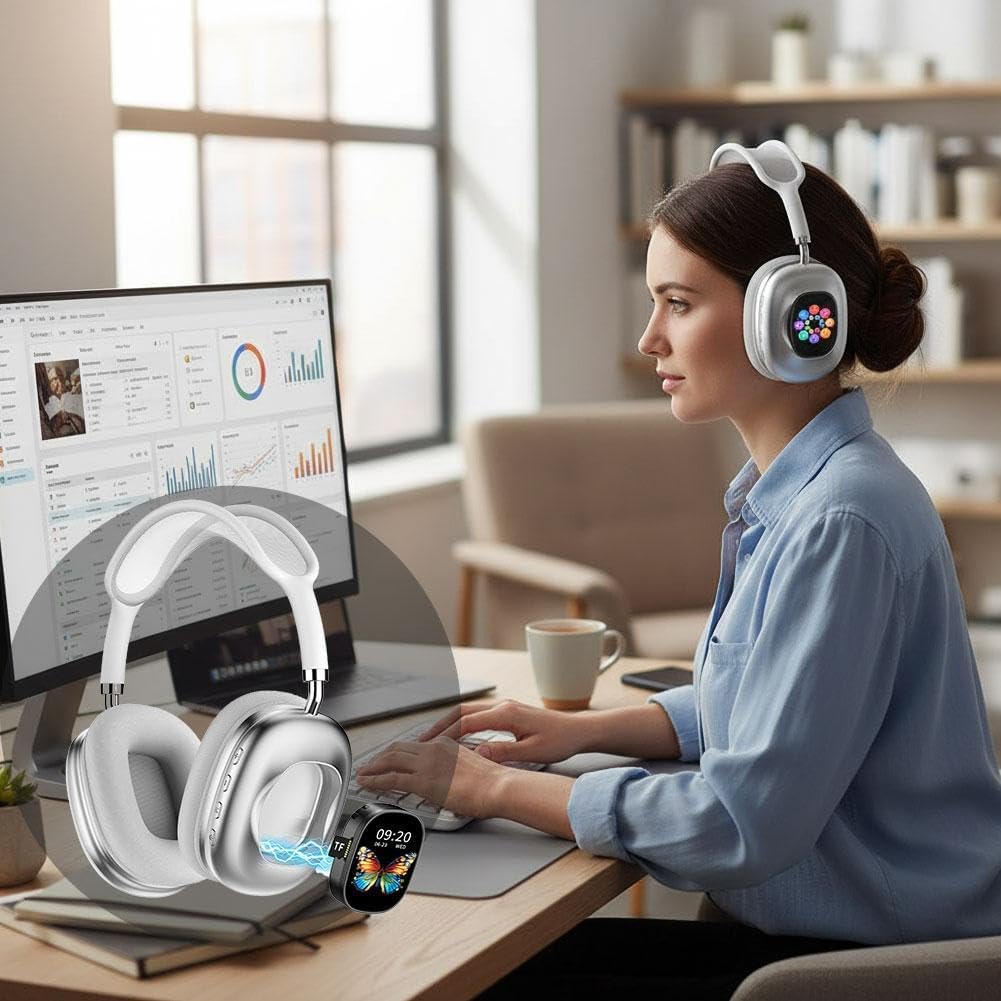 OMOMMD 2-in-1 Bluetooth Headphones & Portable Speaker with LCD Touch Screen, Built-in FM Radio, TF Card Playback, Over-Ear Wireless Headset with Long Battery Life