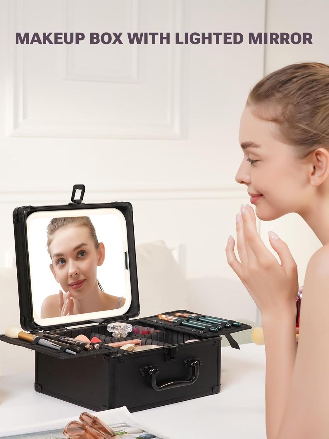 Makeup Box with A Detachable Lighted Mirror, Makeup Suitcase with Adjustable Dividers, Magnetic LED Mirror