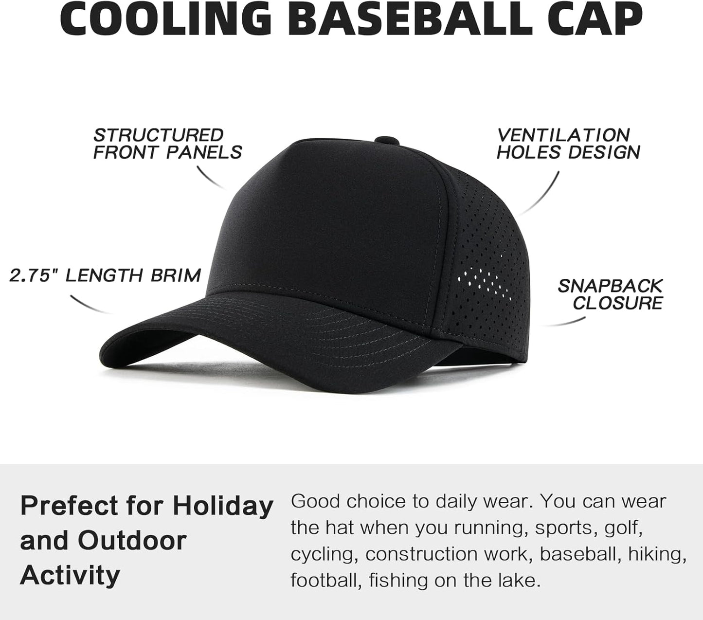 Men Adjustable Snapback Baseball Cap Vented Performance Cut Mesh Hat