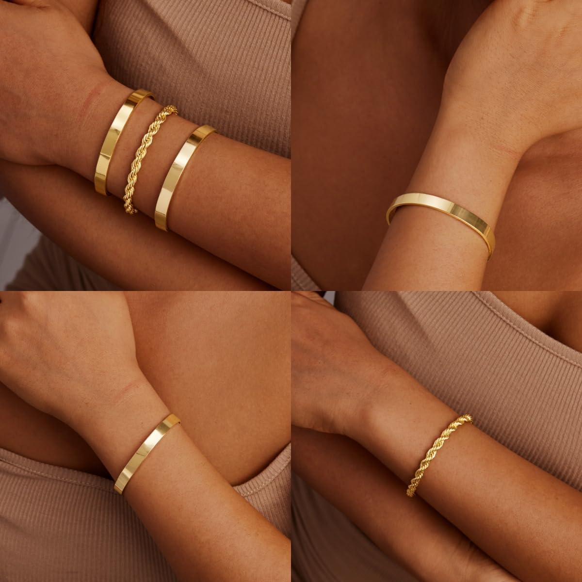 Gold Bracelets for Women Non Tarnish Dainty 14K Real Gold Plated Bangle Cuff Bracelets Stack for Women