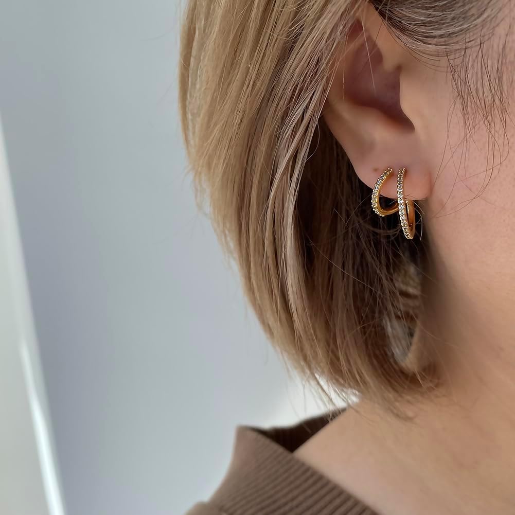 14K Gold Plated Triple Huggie Illusion Stud Earrings | Double Huggie Hoop Earrings for One Hole | Gold Hoop Earrings for Women