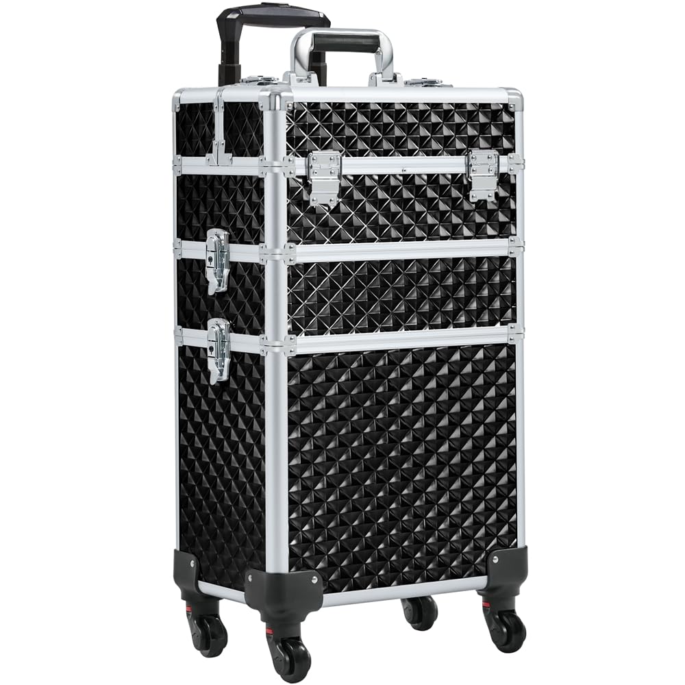 4 in 1 Professional Makeup  Case Aluminum Cosmetic Case Rolling Makeup Case Extra Large Trolley