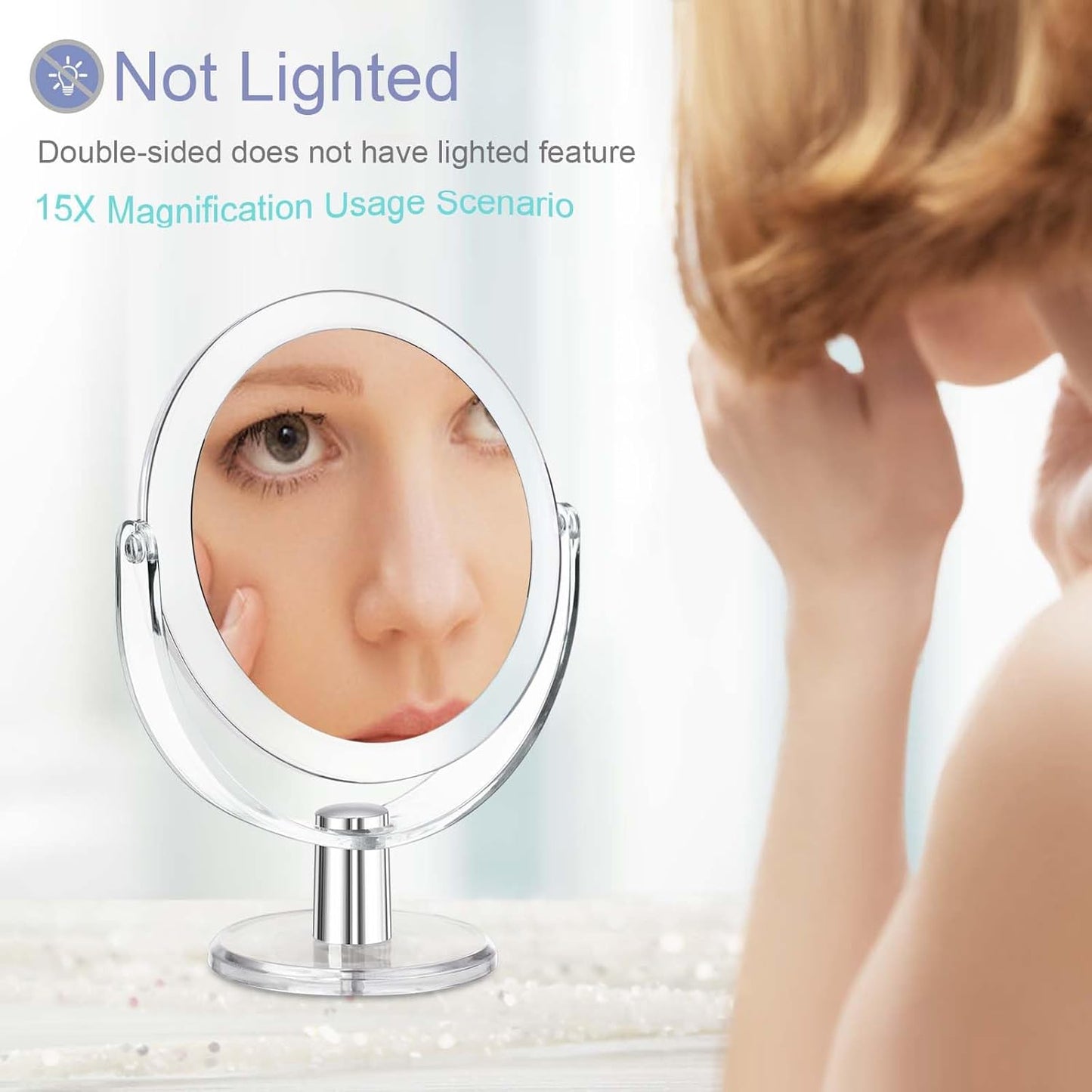 Vanity Makeup Mirror with Stand, 1X/15X Magnification Double Sided 360 Degree Swivel