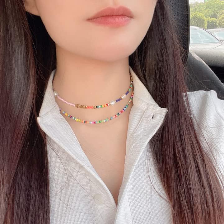 Colorful Beaded Necklace - Freshwater Pearl & Evil Eye Pendant, Stainless Steel 18K Gold Plated Y2K Trendy Jewelry for Women & Teen Girls