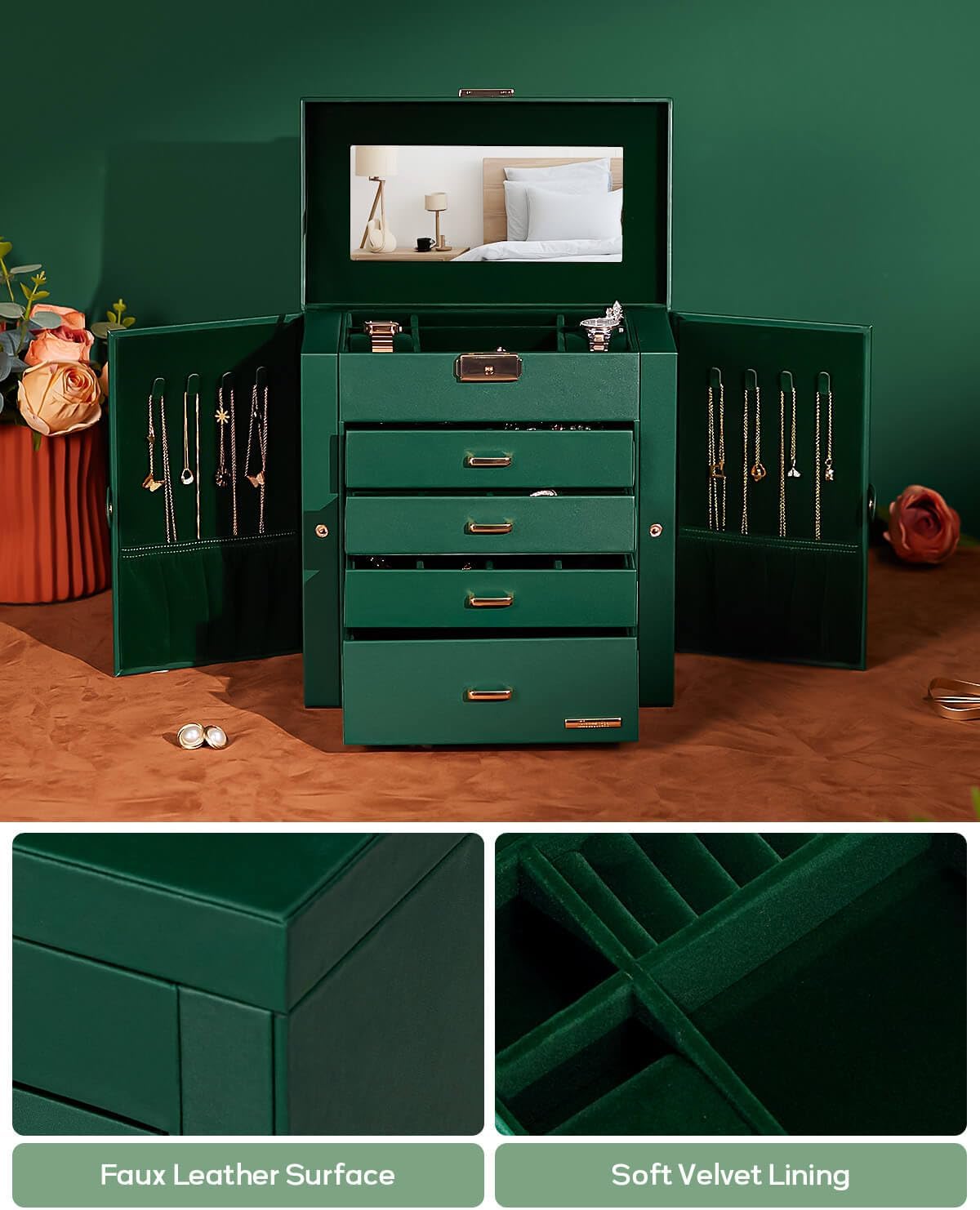 Synthetic Leather Huge Jewelry Box Mirrored Watch Organizer Necklace Ring Earring Storage Lockable