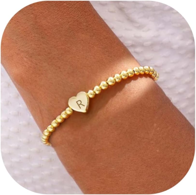 Beaded Bracelets for Women Dainty Heart Initial Bracelet Letter A-Z Charm Bracelet for Women Stretch