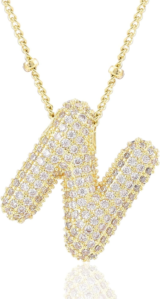 Personalized Chunky Initial Necklace: 14K Gold Plated Bubble Balloon Charm Pendant for Women