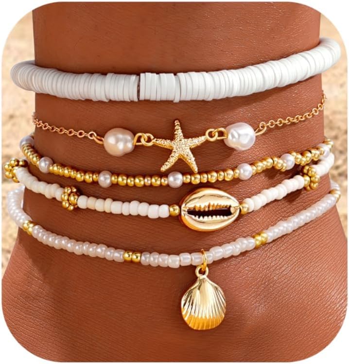 5 Pairs Boho Bead Handmade Adjustable Anklet, Hawaiian Beach Seashell Starfish Foot
