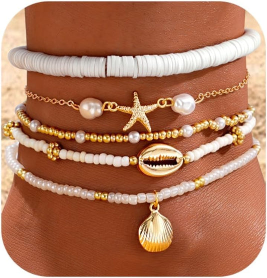 5 Pairs Boho Bead Handmade Adjustable Anklet, Hawaiian Beach Seashell Starfish Foot