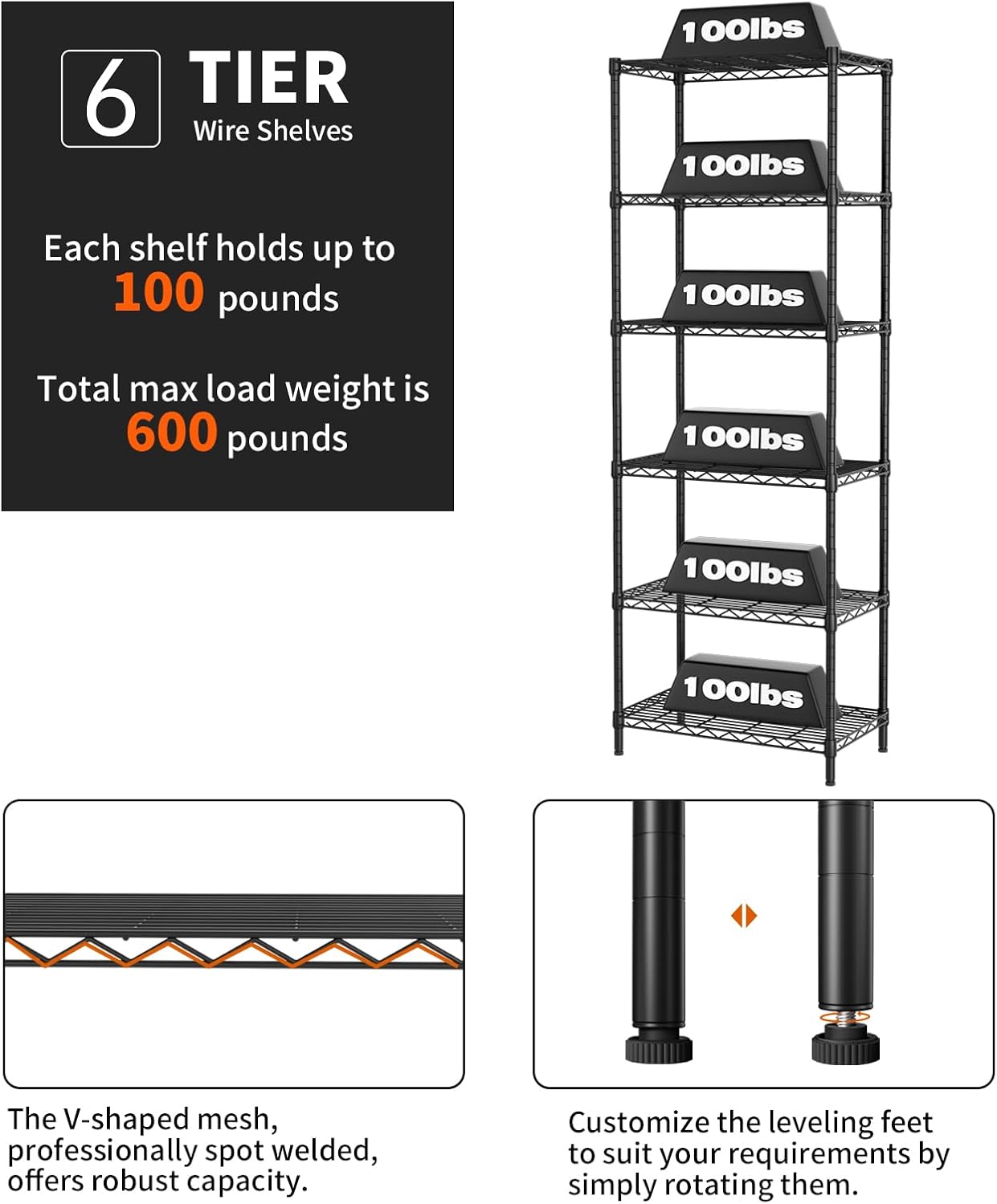 6 Tier Adjustable Storage Shelf Wire Shelving Unit Metal Shelves Standing Closet Bathroom Organizers