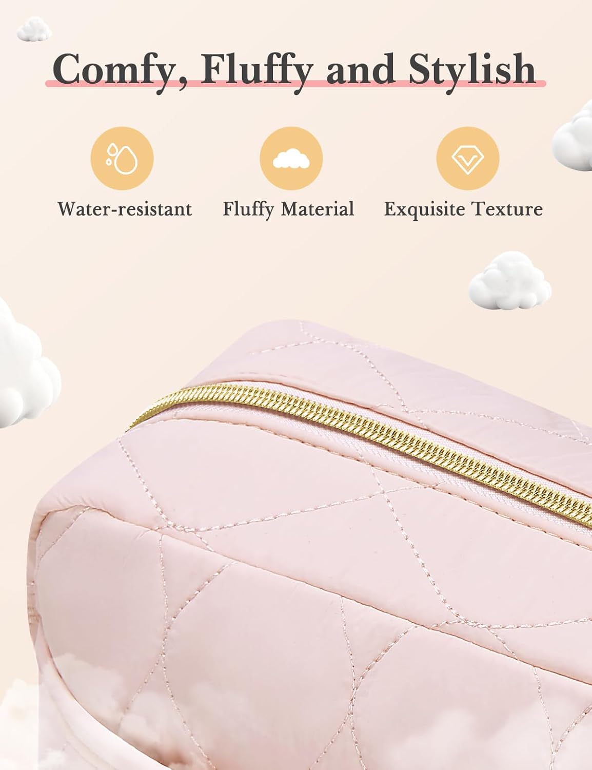 Makeup Bag, Travel Cosmetic Bag, Puffy Padded Toiletry Bag for Women, Wide-open Pouch Purse