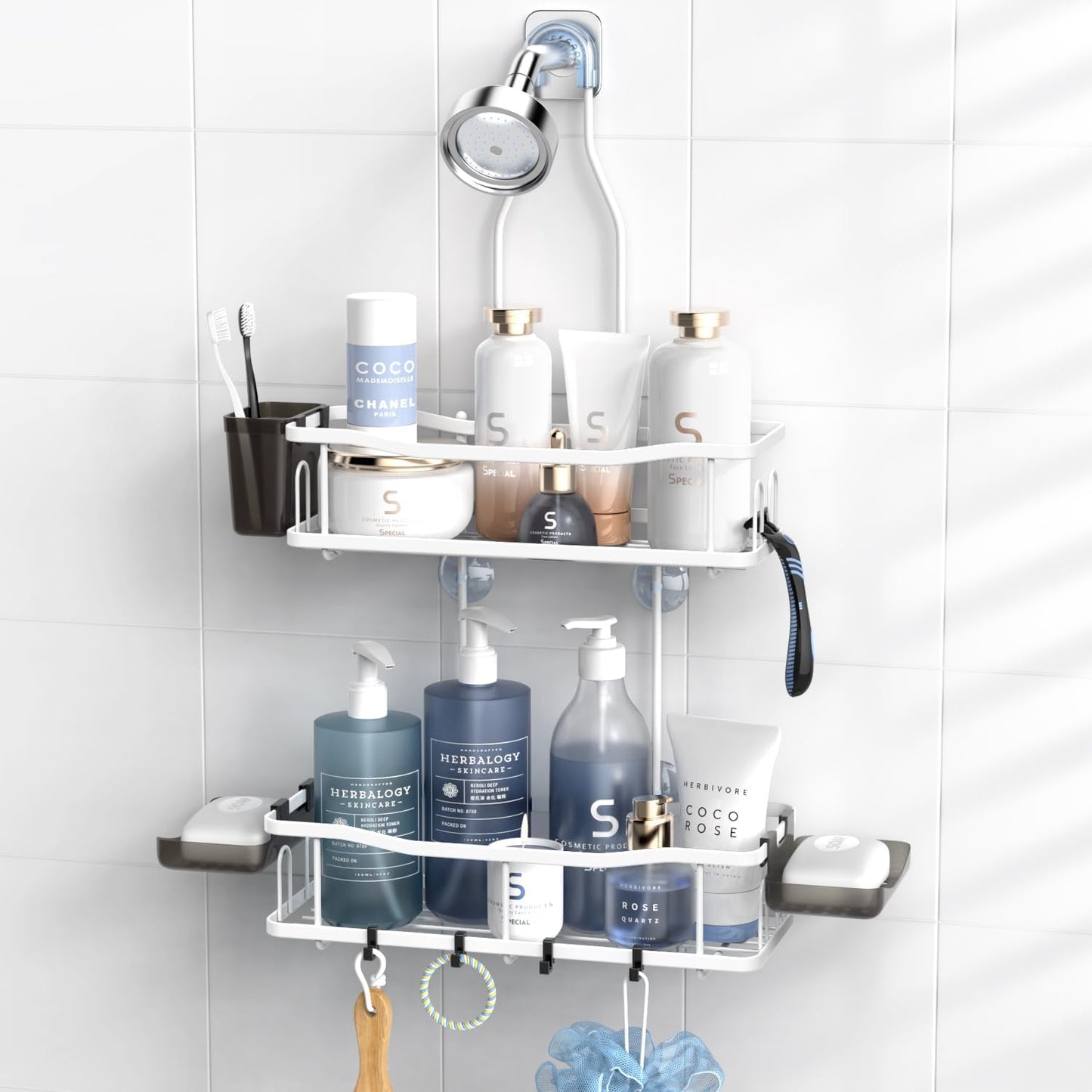 Hanging Shower Caddy Bathroom Organizer: Rustproof Shower Shelf Racks Over Shower Head - No Drilling