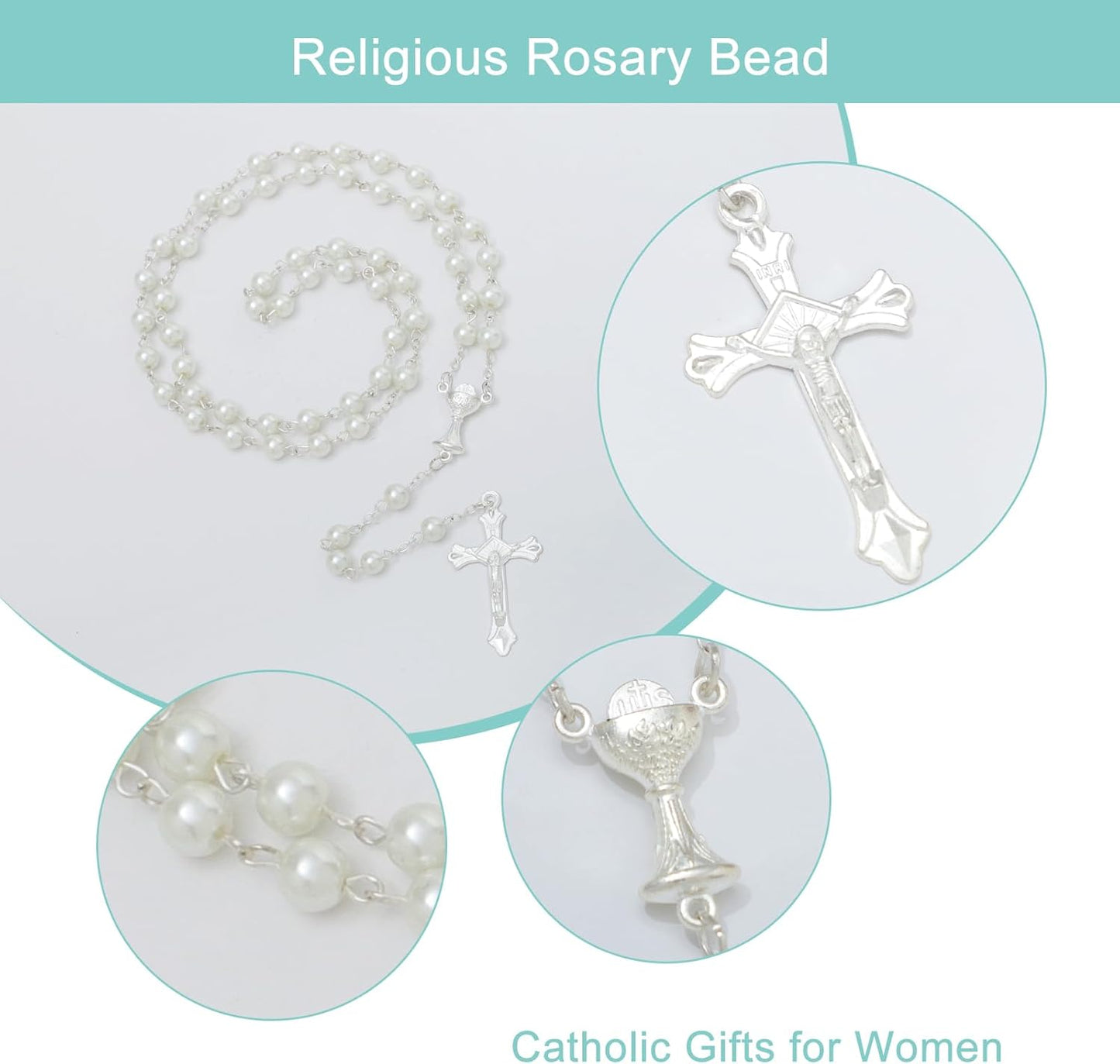 6mm Pearl Rosary Beads With Crucifix - Women's Catholic Prayer Necklace, Gift Box & Pouch Included