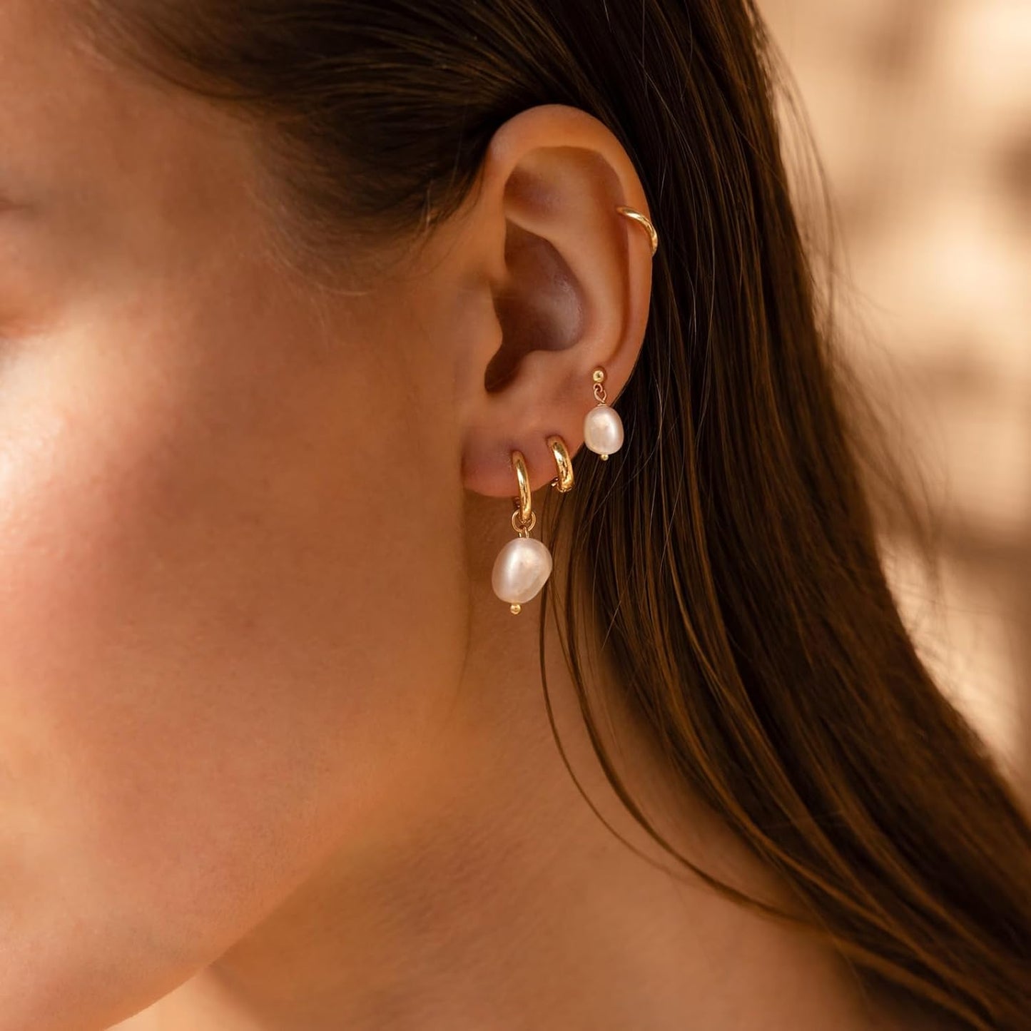 Pearl Dangle Hoop Earrings for Women - Dainty14K Gold Plated Small Drop Chain Hoops Trendy Earring Sets for