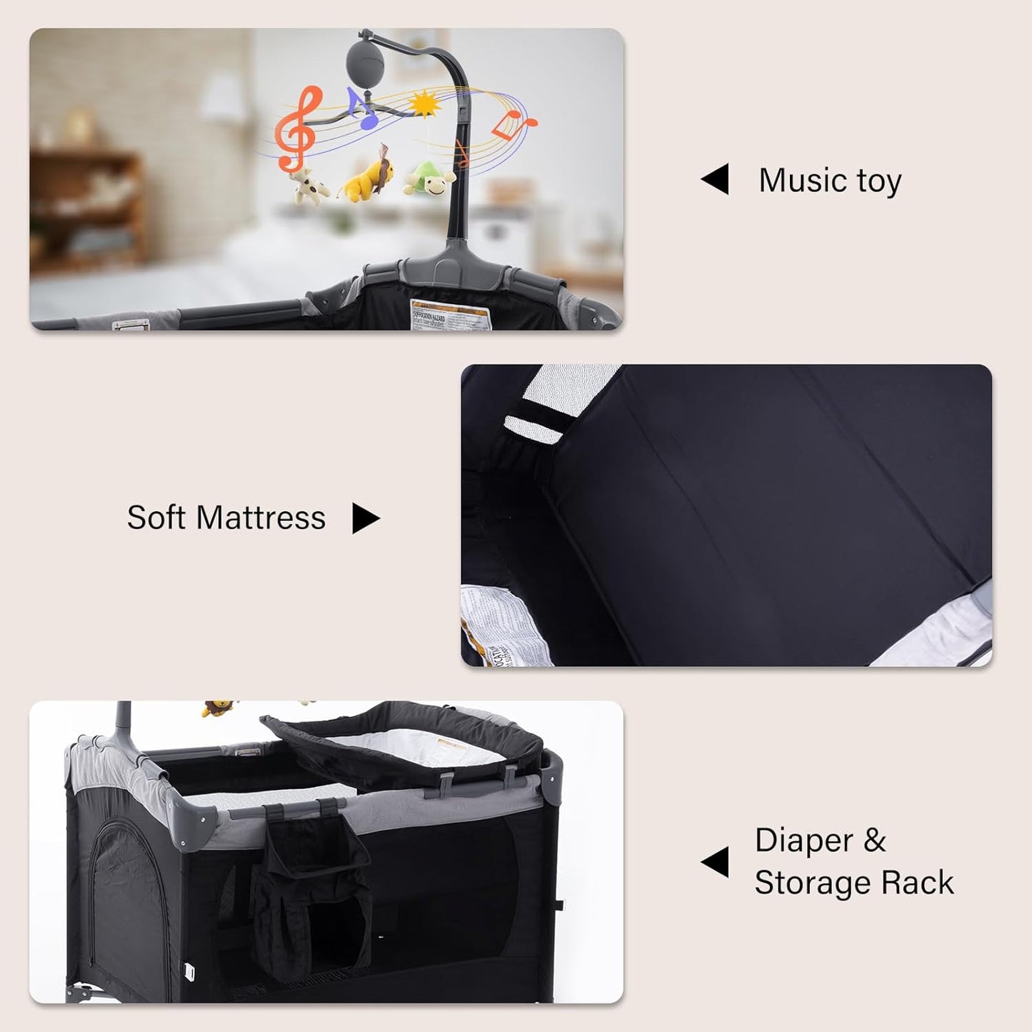 5 in 1 Baby Crib,Bedside Sleeper Bassinet,Pack and with Bassinet and Changing Table,Portable Travel Playpen Music Box