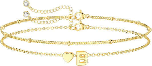 Dainty Initial Heart Gold Bracelets for Women Trendy, 14K Real Gold Letter Charm Bracelet Jewelry