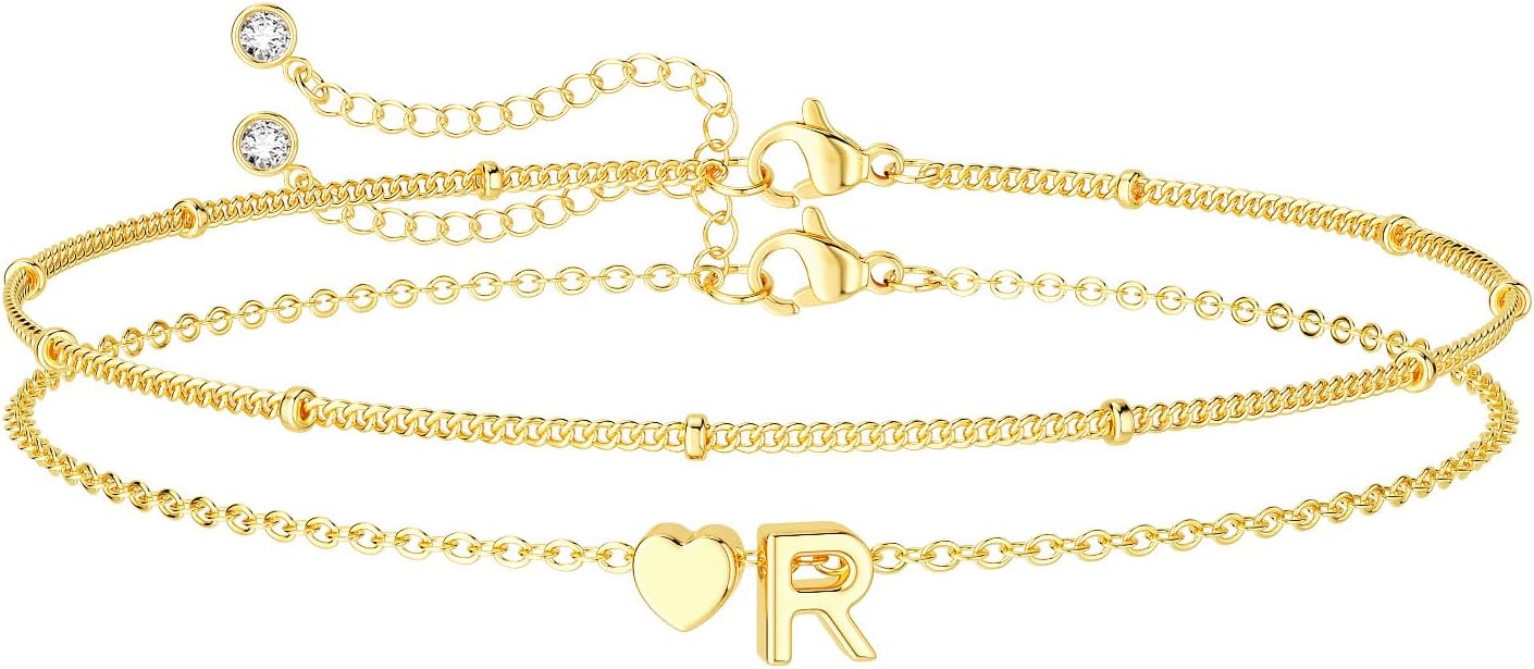 Dainty Initial Heart Gold Bracelets for Women Trendy, 14K Real Gold Letter Charm Bracelet Jewelry