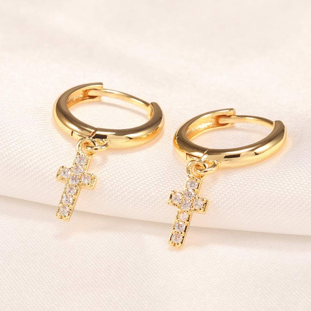 Gold Huggie Small Hoop Earrings with Charm Personalized /Star/Cross/Lock/Key 18k Gold Plated Crystal Drop Dangle Earrings for Women