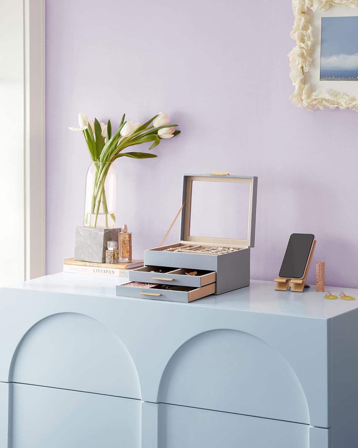 Jewelry Box Organizer with Glass Lid, 3-Layer Jewelry Storage, with 2 Drawers, Modern Style, Smoky Blue and Gold Color