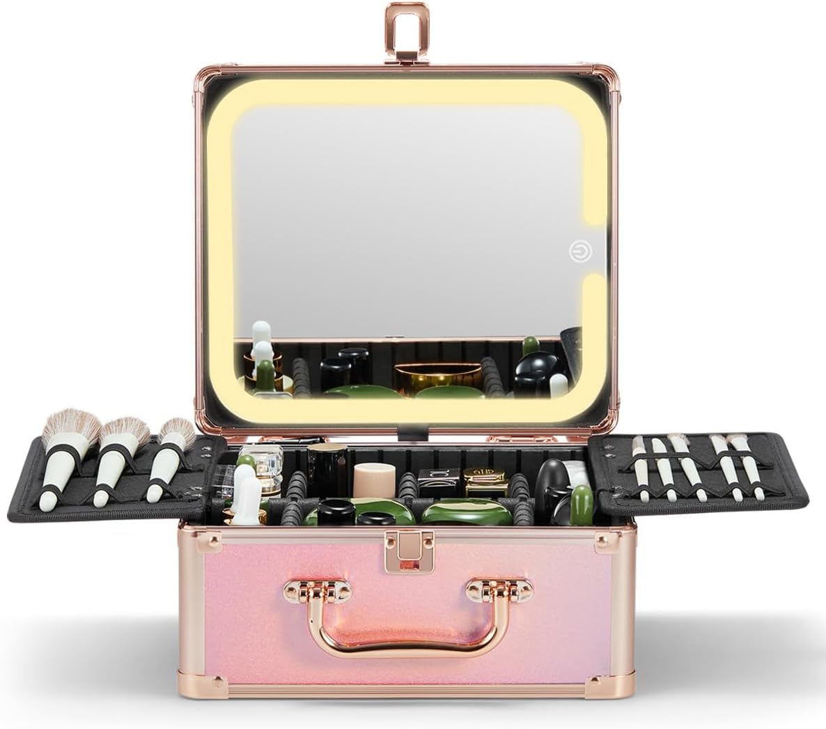 Makeup Box with A Detachable Lighted Mirror, Makeup Suitcase with Adjustable Dividers, Magnetic LED Mirror