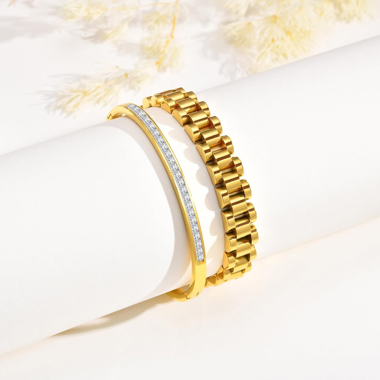 2pcs Gold Chain Link Bracelet, Stainless Steel Crystal Friendship Bracelets Bangle,Watch Band Chains Wristband