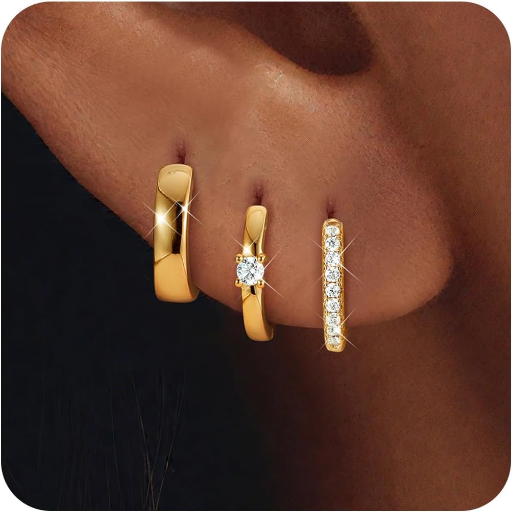 3Pairs 925 Sterling Silver, 14K Gold Plated Small Huggie Hoop Earrings Sets for Multiple Piercing CZ Cartilage Earrings Stacks